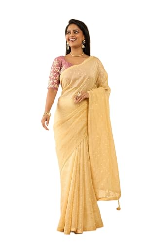 Taneira Women Beige Woven Viscose Tissue Saree with Unstitched Blouse Piece (SAPP01AA0589-Beige)