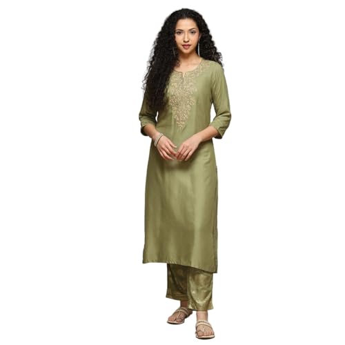 BIBA Women's Sap Green Rayon Straight Kurta Palazzo 2 Piece Set_44