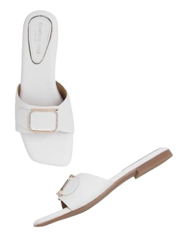 KENNETH COLE Women's Flat Slide Sandal | Synthetic | Square Toe, Rhinestone Buckle | White, EU38