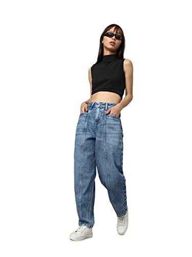 ONLY Women Washed Cotton Blend Baggy Fit High Rise Blue Jeans