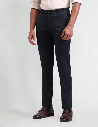 Arrow New York Men's Blue Self-Design Mid Rise Polyester Button Slim Fit Flat Front Slant Pocket Trousers (ANAITR2272_Blue_40)