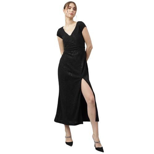 Latin Quarters Women Black V-Neck Short Sleeves Solid A-Line Dress L