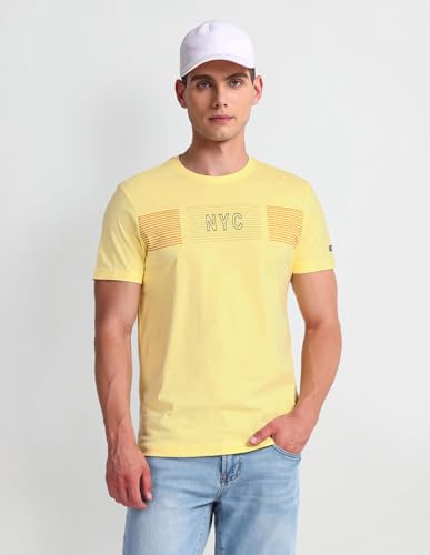 Arrow Typographic Print Cotton Fit T-Shirt (ASAEOTS5102_Yellow_M)