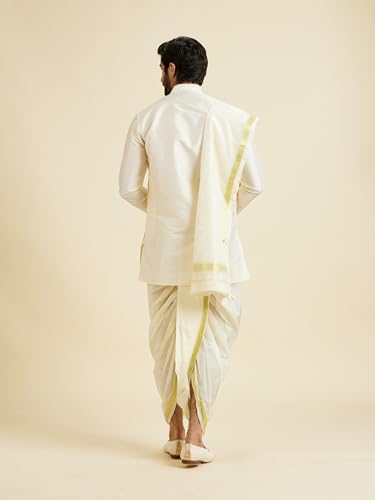 Manyavar Men's Art Silk Neckline Emboridery Kurta Pancha Dupatta Set(White,XXXL)