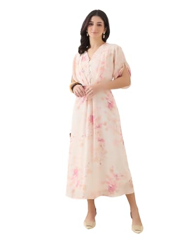 Latin Quarters Women Peach Printed Half Sleeves Casual Dress_XL