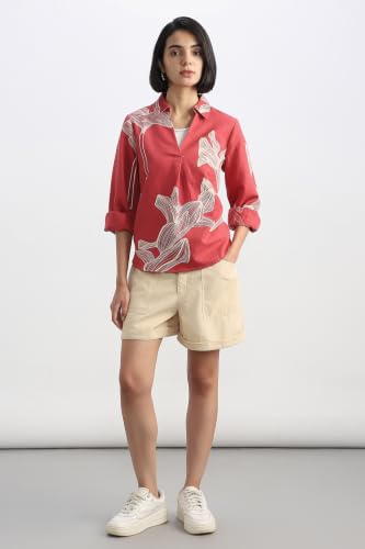 Women Red Print Long Sleeves Shirt