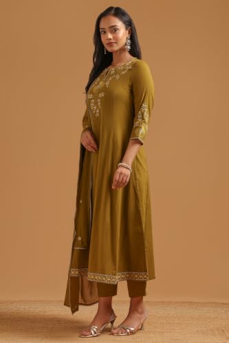 Soch Womens Olive Cotton Embroidered Botanical Thread Work Salwar Suit