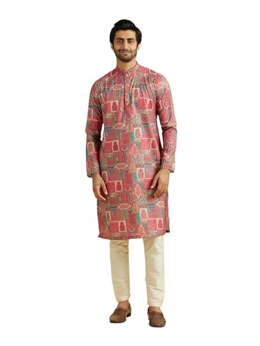 Manyavar Men's Cotton Blend Printed Kurta Pyjama Set (Coral,XXXL)