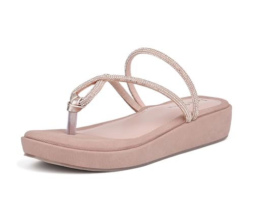 LOUIS STITCH Women’s Slip-On Platform Heel T-Strap Sandals | Open Toe Stylish Peach Pink Wedge Heel Sandal for Ladies, Fashionable and Comfortable Sandal | LSOF-LDPS-GLCSNU | UK-7