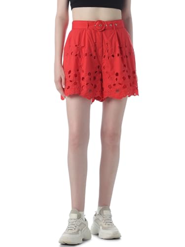 ONLY Women's Self Design Regular Fit High-Rise Red Shorts