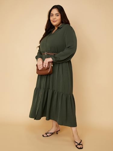 Max Women Textured A-line Tiered Shirt Dress with Belt (Green_3XL)