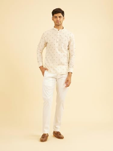 Manyavar Men's Cotton Blend Buta Motifs Printed Short Kurta (Beige,L)