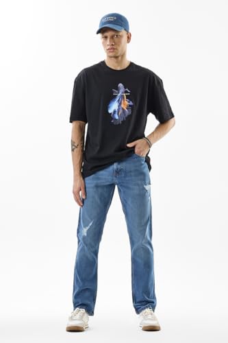 SNITCH Men Blue Jeans | Comfort Fit Mid Rise Straight Leg | Cotton Blend with Medium Stretch & Light Distressed Pattern | Casual & Street Wear for All Seasons