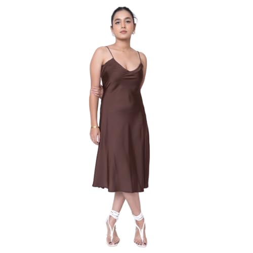 Sheux Elegant Satin Midi Dress with Shoulder Straps – Timeless Style Meets Effortless Glamour (S) Dresses for Women & Girls Brown