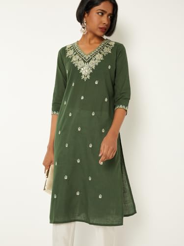 Max Women Embroidered Straight Kurta (Green_L)