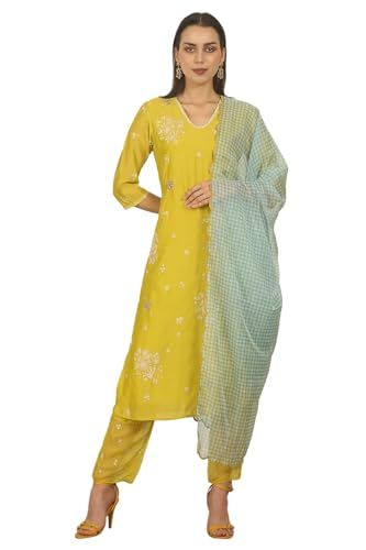 W for Woman Celery Green Embroidered Chanderi Straight Kurta, Pants and Dupatta Set (Size: XS)-WS12516-223370