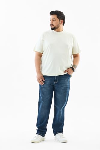 SNITCH Men Blue Casual Plus Size Jeans | Slim Fit Mid Rise Washed Denim with Turned-Up Cuffs | Cotton Blend Fabric with Smooth Texture & Medium Stretch for Summer Wear