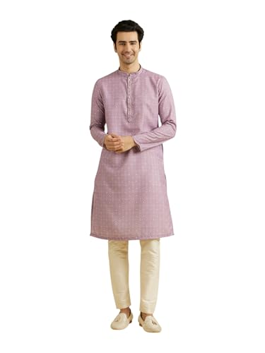 Manyavar Men's Cotton Blend Self Design Kurta Pyjama Set (Lilac,M)