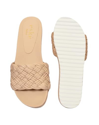eske Liana Women's Black Leather Slide Sandals – Braided Strap | Flat Slip On Sandals for Women | Stylish Daily Wear Slides with Cushioned Insole & Anti-Skid Sole (Cream Tan, UK Footwear Size System, Adult, Women, Numeric, Medium, 6)