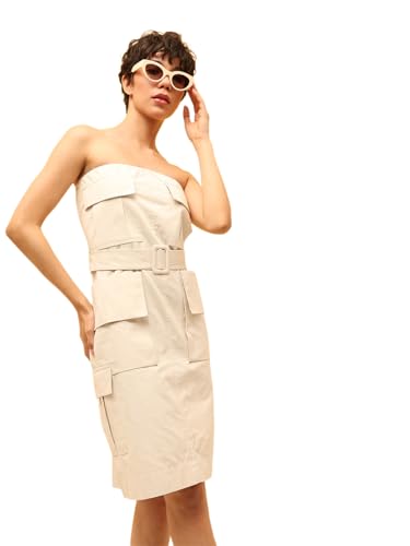 ONLY Women Fit and Flare Beige Dress with Belt