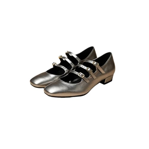 Theater Kelly Jr. Silver Mary Jane Heels for Women Round Toe Multi Strap Block Heel Shoes with Adjustable Buckle | Comfortable Dress Shoes for Evening, Party And Office Use