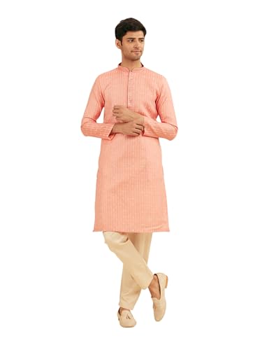 Manyavar Men's Art Silk Sequined Placket Printed Festive Kurta Set (Peach,M)