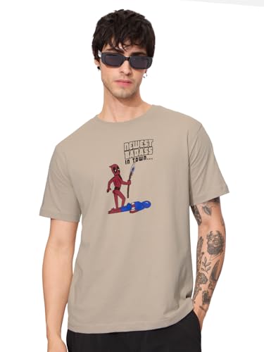 The Souled Store Official Deadpool: Newest Badass Men and Boys Short Sleeves Round Neck Brown Graphic Printed Regular Fit Cotton T-Shirts