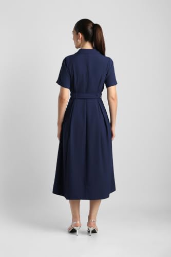 Women Navy Solid Calf Length Formal Dress