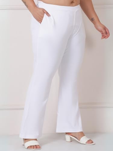 AMYDUS Plus Size High Waisted Pure Cotton Flare Pants for Women | Stretchable & Cloud Soft Fabric | Plus Size Pants for Women - L to 9XL White
