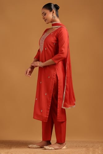 Soch Womens Rust Roman Silk Floral Salwar Suit With Stone Work