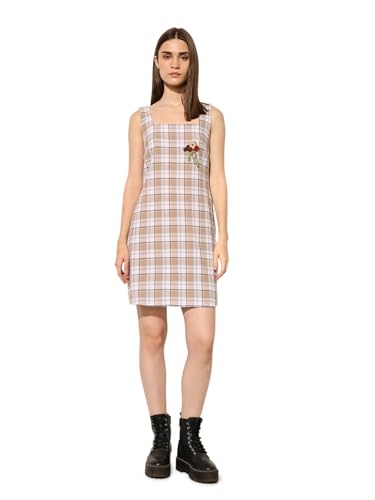 ONLY Women's Checks Fit and Flare Beige Dress