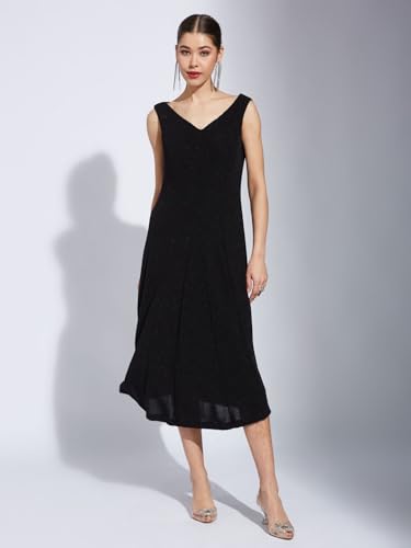 Latin Quarters Women Black V-Neck Sleeveless Solid A-Line Dress_2XL