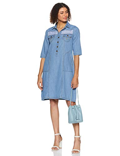 pluss Women's Georgette a-line Knee-Long Dress (LDR4729-BATAWASH_Blue_M)