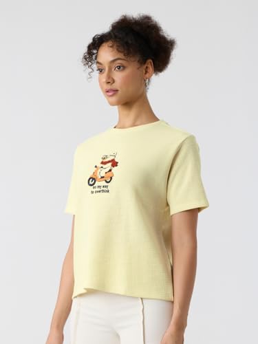 The Souled Store Textured T-Shirt: On My Way to Overthink Women and Girls Short Sleeves Round Neck Off White Embroidered Cotton Relaxed Fit T-Shirts