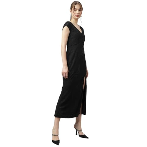 Latin Quarters Women Black V-Neck Short Sleeves Solid A-Line Dress L