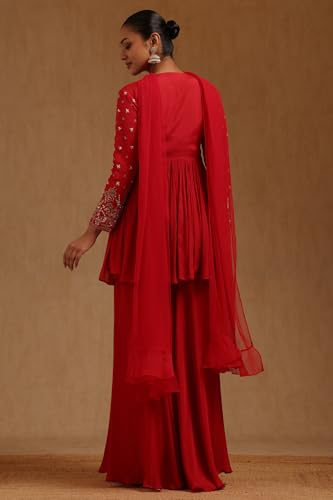 Soch Womens Red Chinon Hand Embroidered Suit Set With Cutdana
