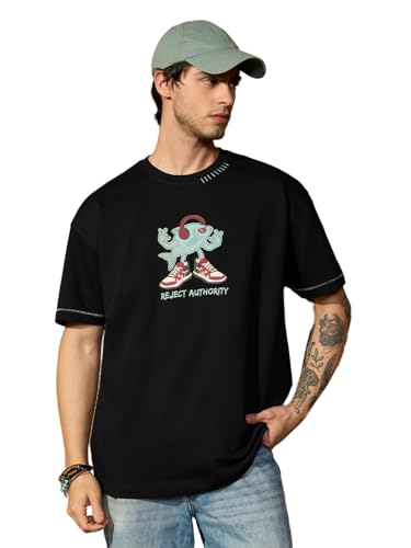 The Souled Store Oversized T-Shirt: Reject Authority Men and Boys Short Sleeves Round Neck Black Embellished Casual Lightweight Drop Shoulder Streetwear Trendy Oversized T-Shirts