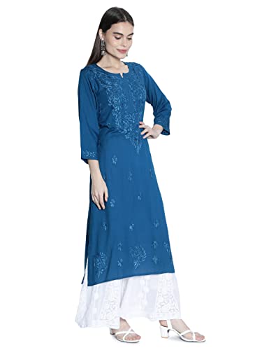Seva Chikan Hand Embroidered Turquiose Blue Cotton Blend Lucknowi Chikankari Women's Kurta Kurti -(4114_ Turquiose Blue_2XL)