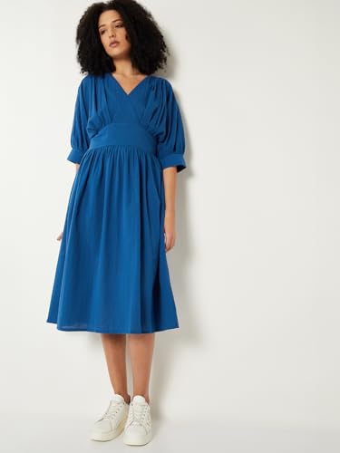 Max Women Textured A-line Midi Dress (Blue_L)