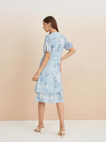 Latin Quarters Women's Blue Tie-Up Neck Half Sleeves Printed Casual Fit & Flare Dress_L