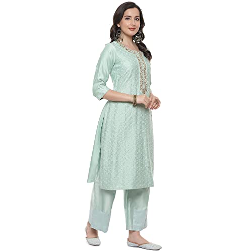 BIBA Women's Ethnic Green Cotton Kurta Suit Set (Size_S)
