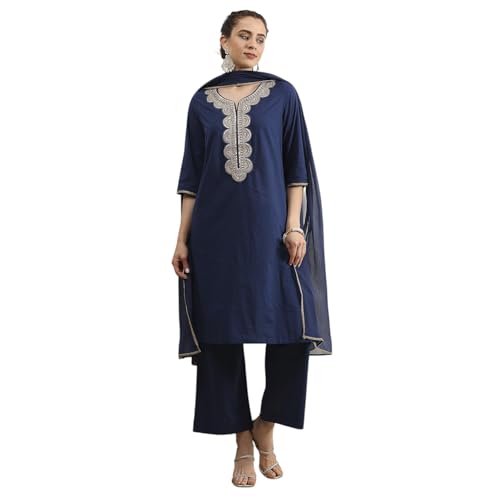 Biba Women Blue Cotton Straight Dyed Suit Set_40