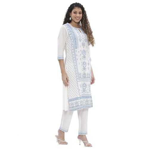BIBA Women Off-white-Blue Cotton Straight Suit Set_38