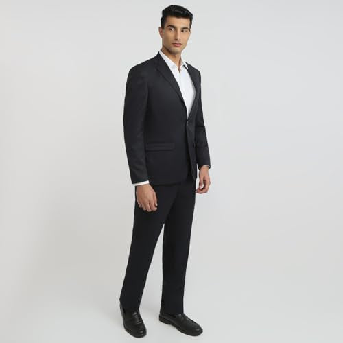 Raymond Men Contemporary Fit Solid Pattern Poly Viscose Blend Notch Lapel Full Sleeve Formal Suit Blue