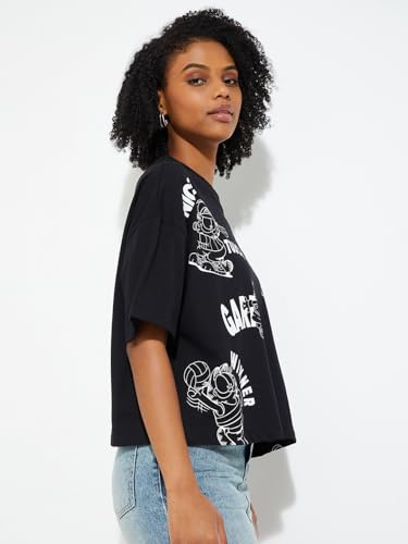Max URB_N Women Garfiled Print Boxy Fit T-Shirt (Black_S)