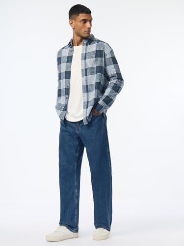 The Souled Store Crinkled Shirt: Cerulean Men and Boys Long Sleeve Button Down Collar Blue Plaid Lightweight Everday Office Wear Easy to Style Relaxed Fit Casual Cotton Shirt