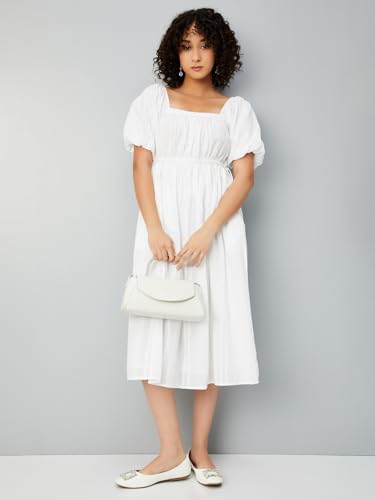 Max Women's Pure Cotton Classic Midi Casual Dress (MDDRS52005B_Off White