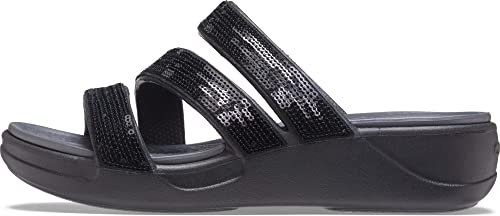 crocs womens Boca Sequin Strappy Wedge Black Sandal - 2 UK (W4) (207645-001)