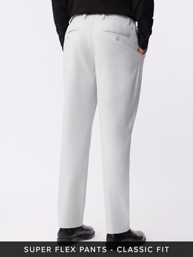 The Souled Store Super Pants: Urban Ash Mens and Boys Light Grey Solid Poly-Viscose Blend Classic Fit 4-Way Stretch Wrinkle-Free Trousers