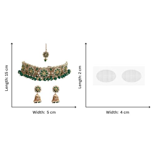 ACCESSHER green-white choker set features pearls, American Diamonds, matching maangtika, earrings with Transparent earrings supporter sticker and Mangtikka Support Patch